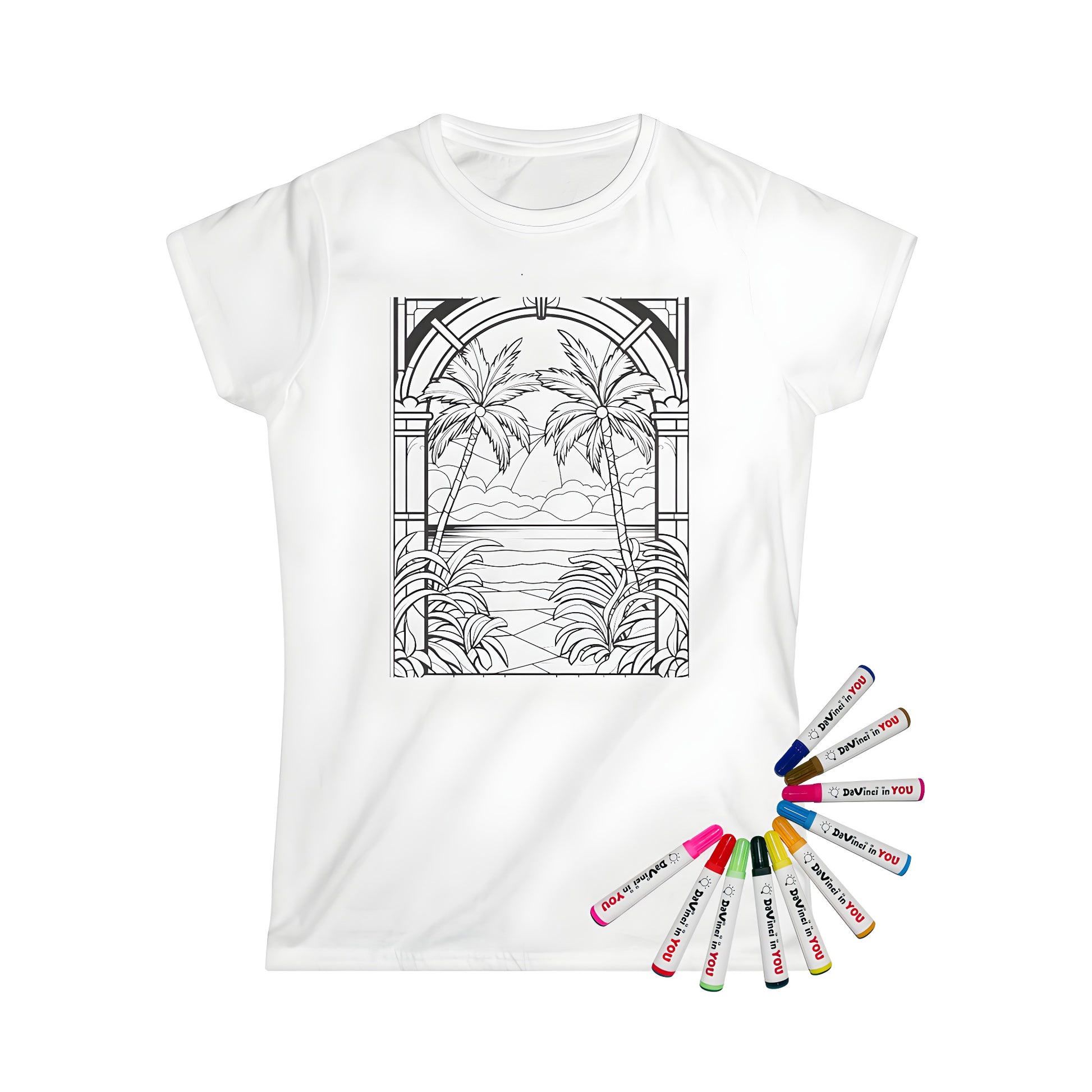 Women's t-shirt featuring a colorful tropical scenery print with palm trees, ocean, and clouds