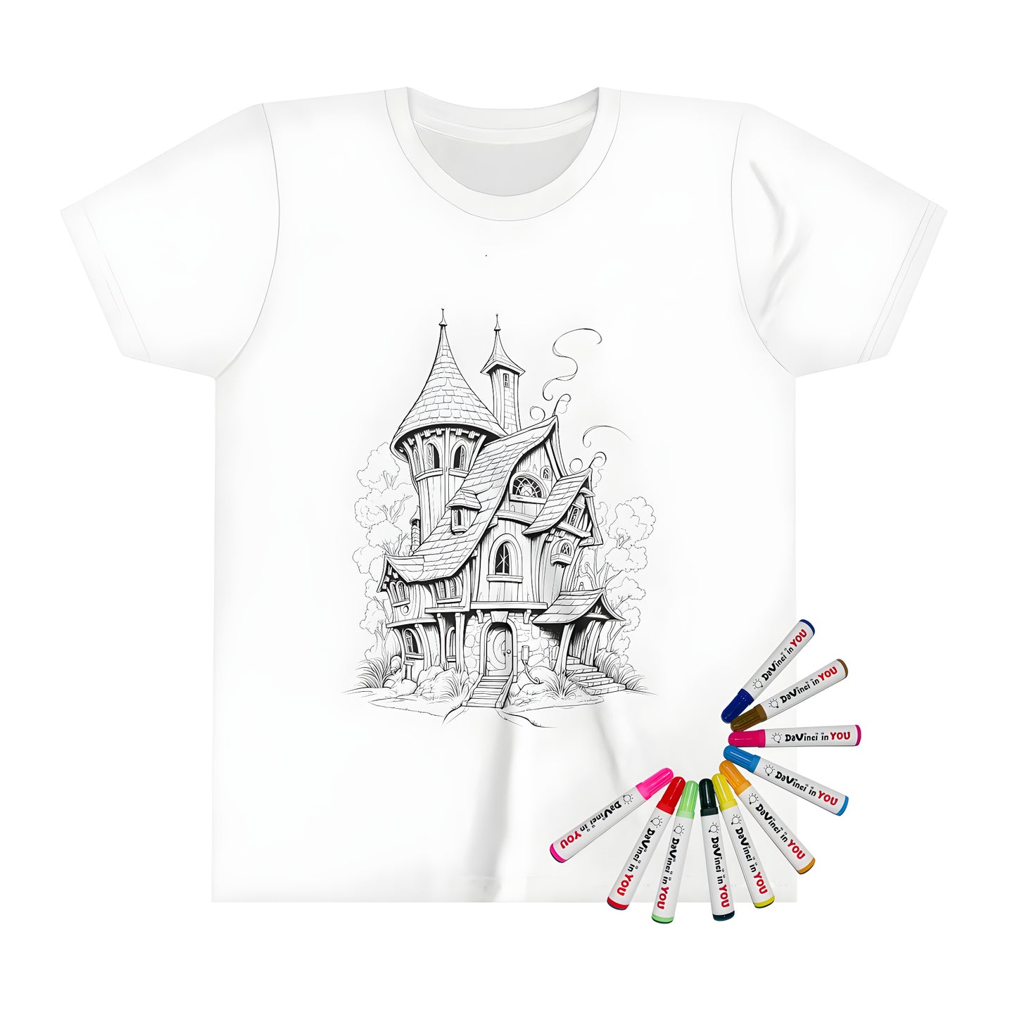 Whimsical cottage-inspired kid's t-shirt with fabric markers