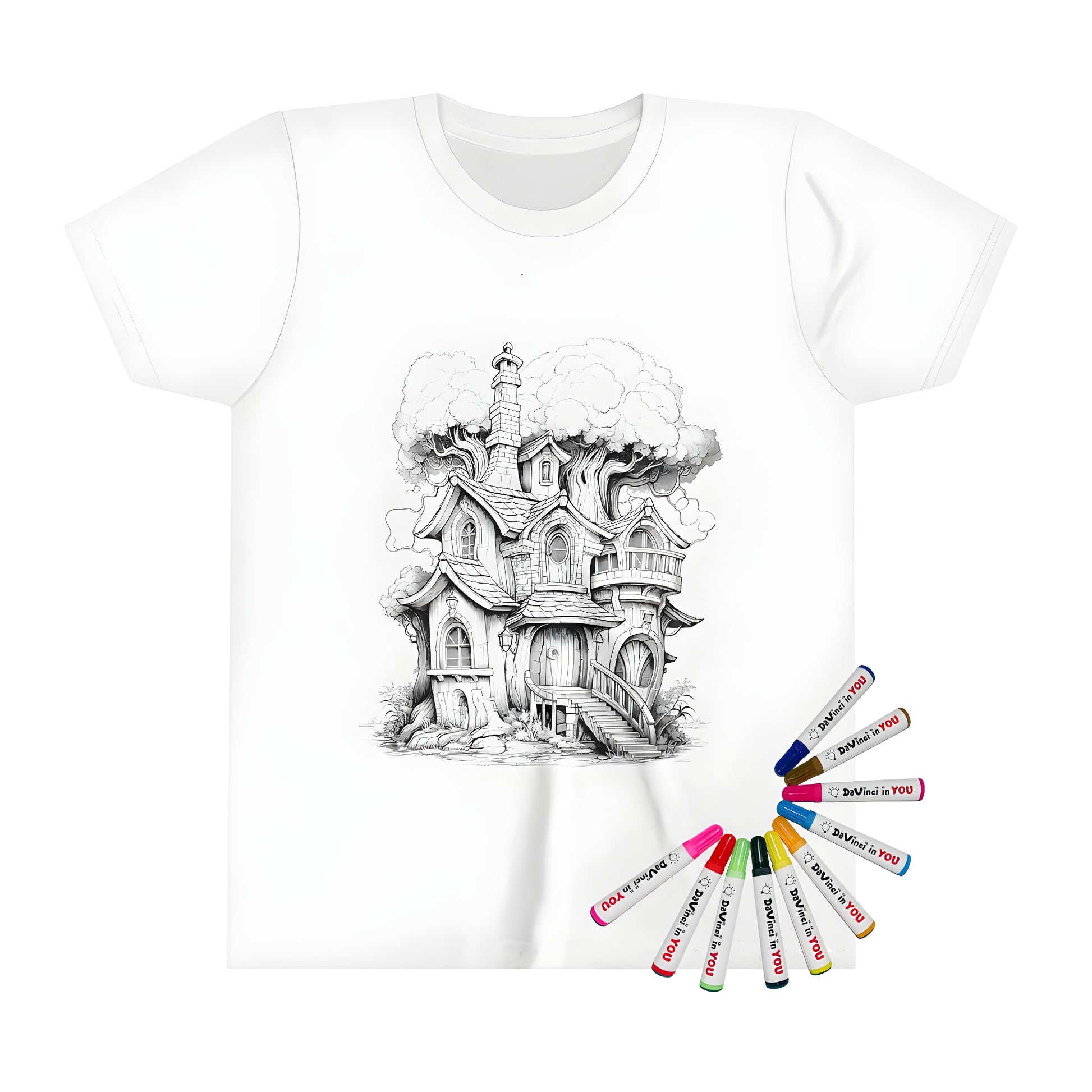 Coloring kit kid's tee featuring whimsical treehouse illustration with intricate details