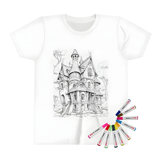 Coloring book t-shirt with fantasy castle illustration