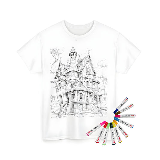 Unisex T-shirt featuring an intricate fantasy castle illustration with multiple towers and stairs surrounded by trees