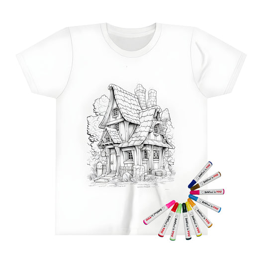 A black-and-white Fairy tale house with steep roof, chimneys, lush surroundings and intricate details printed on a Kid's t-shirt