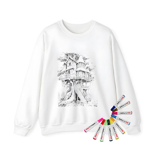 Adult sweatshirt with whimsical forest treehouse design featuring intricate architecture and spiral staircase