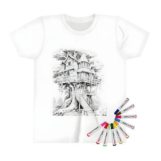 Detailed black and white drawing of a whimsical treehouse-inspired design on a kid's t-shirt