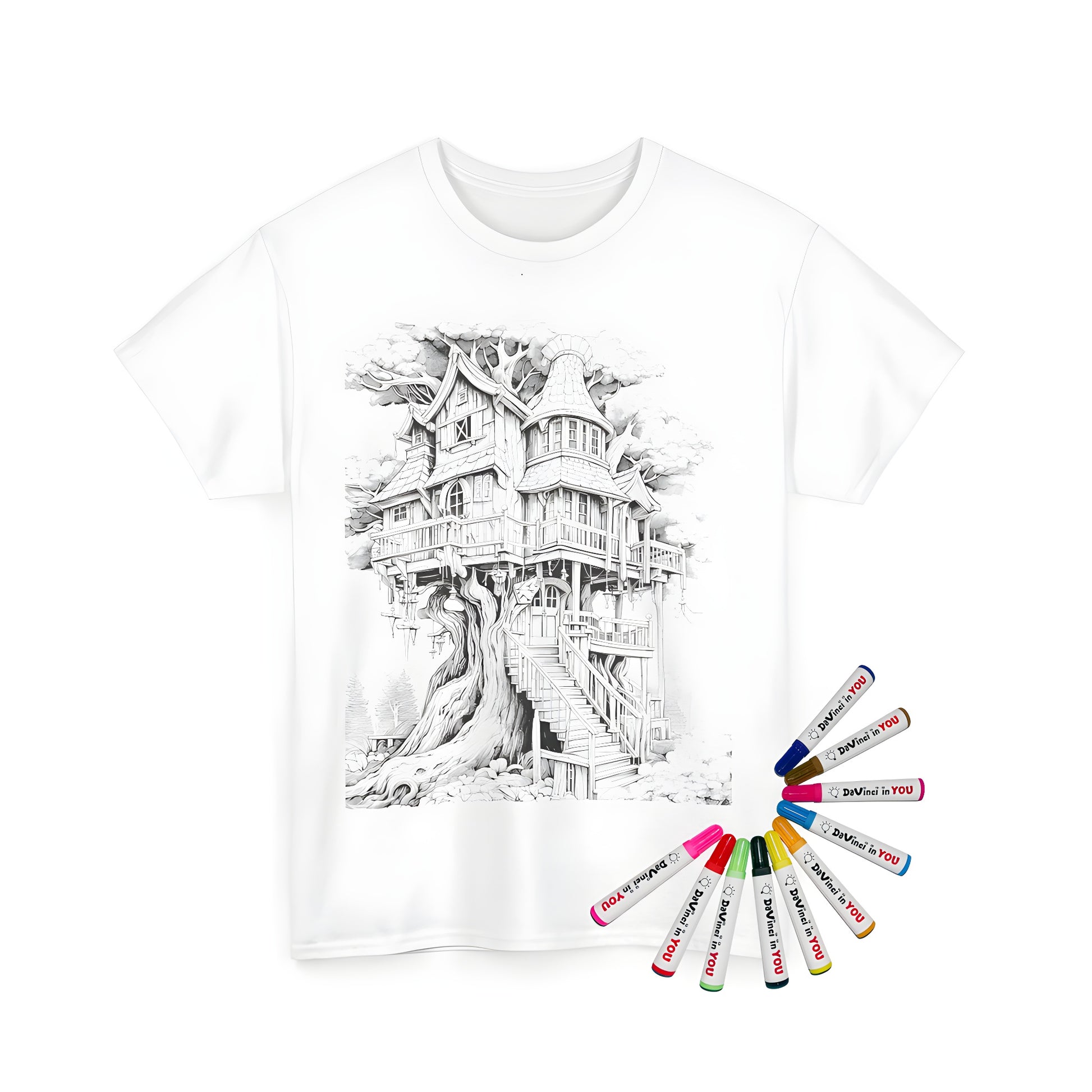 Whimsical woodland retreat on a unisex t-shirt with intricate tree house design