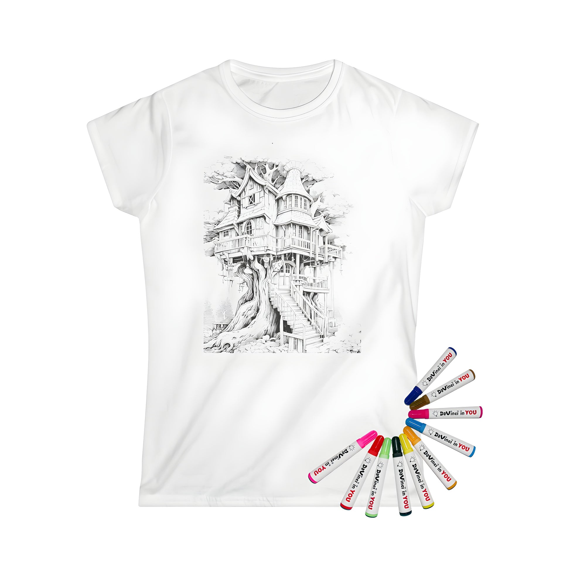 Women's t-shirt featuring whimsical treehouse house illustration design