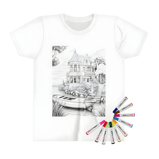 Kid's T-shirt featuring an exclusive riverside mansion design with a boat docked on a calm river, perfect for little ones who love to color and express themselves.