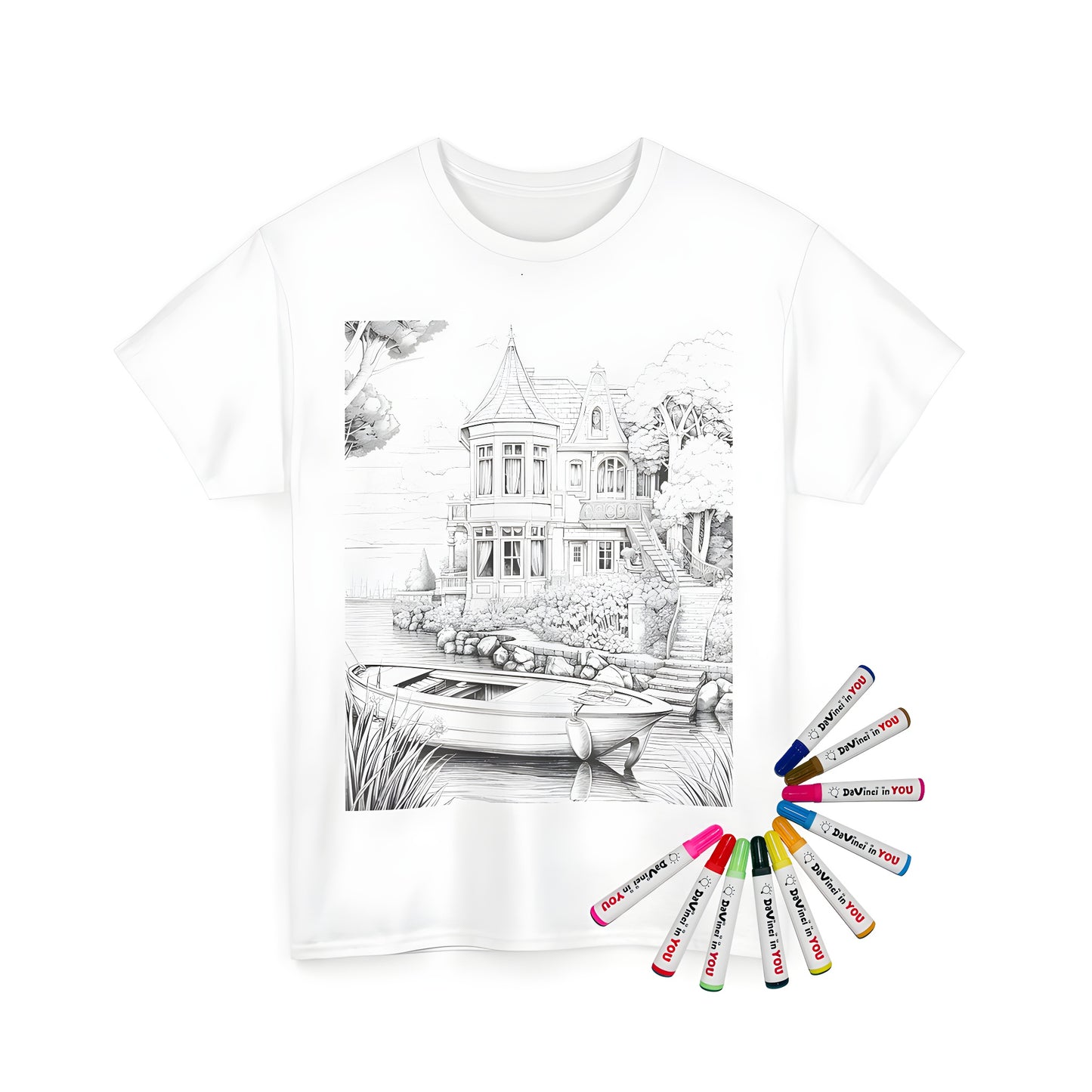 Detailed sketch of riverside mansion on unisex t-shirt with vibrant colors