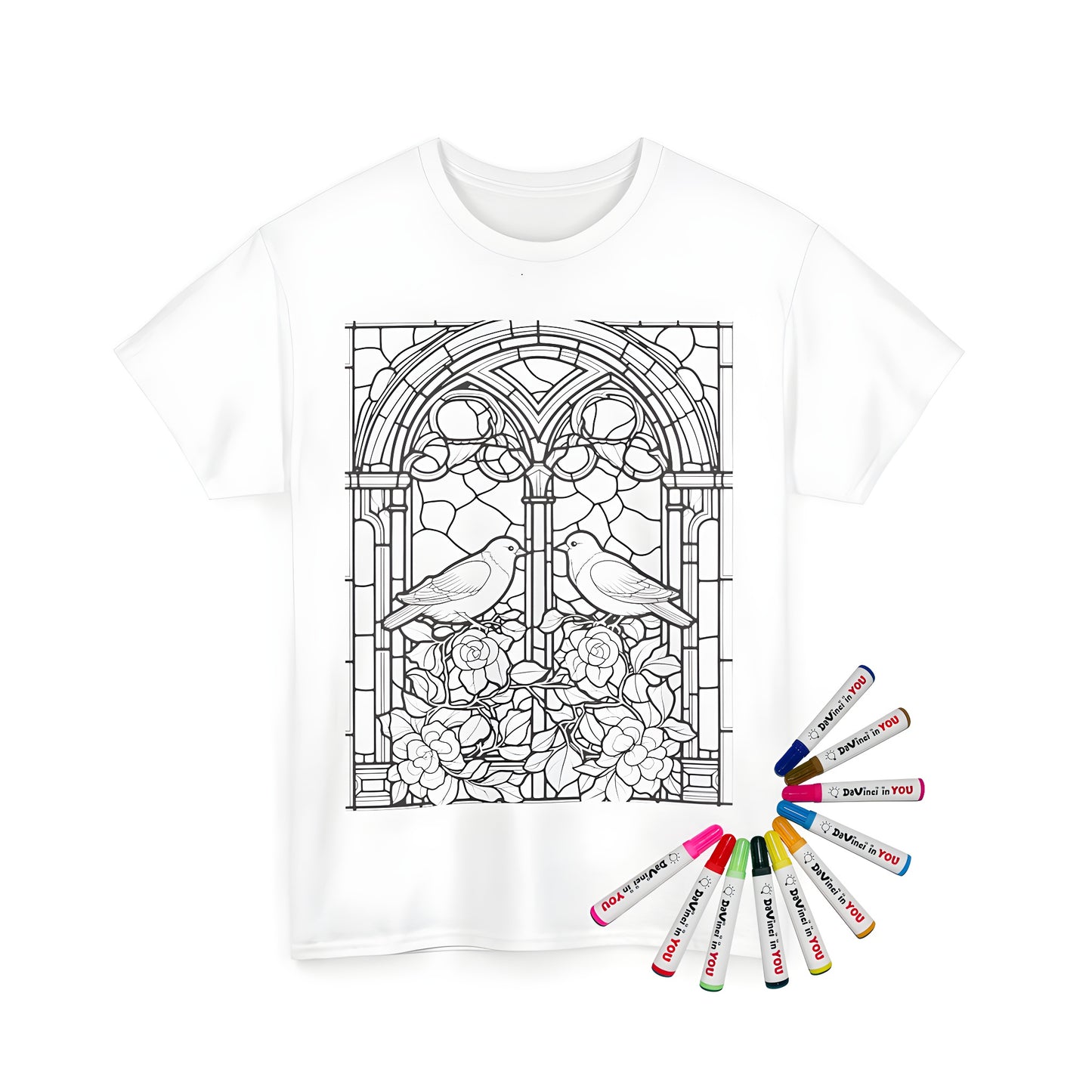 Unisex t-shirt with intricate stained glass window art featuring two angels or birds perched among roses, gothic style.