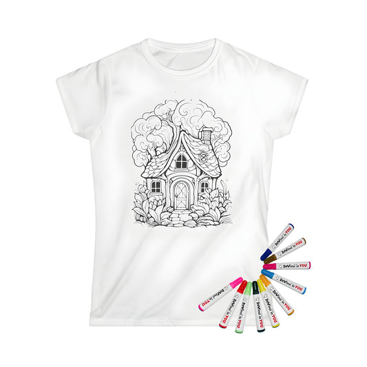 Women's T-shirt with intricate black and white cottage design, perfect for coloring with fabric markers.