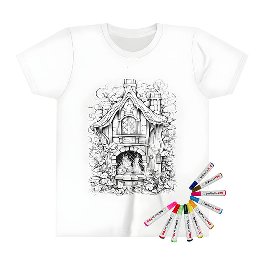 Whimsical cottage illustration on a kid's t-shirt with colorful fabric markers