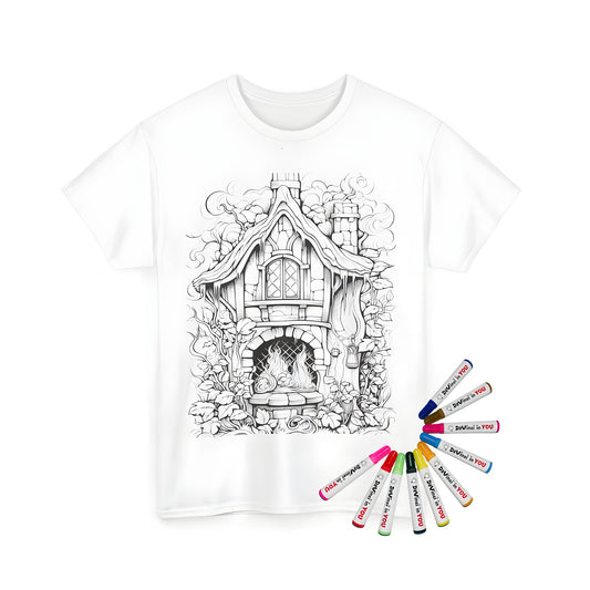 Whimsical unisex t-shirt featuring a detailed drawing of a cottage with vines and foliage, perfect for a coloring kit