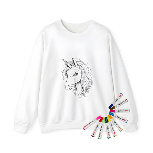 Adult sweatshirt with a detailed line art portrait of a unicorn featuring a flowing mane and spiral horn