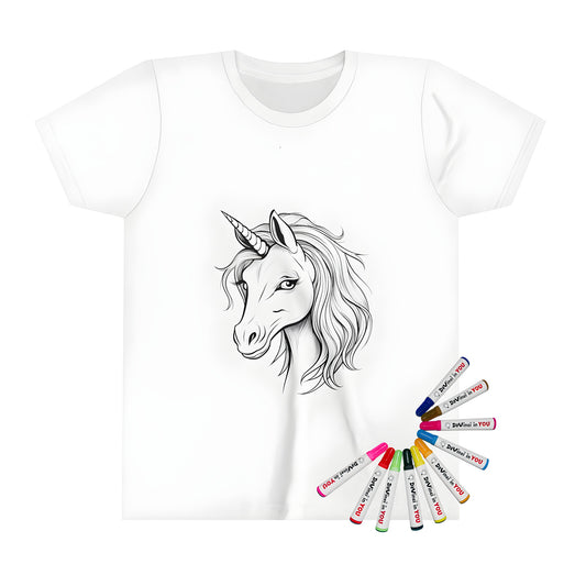 Kid's t-shirt featuring a vibrant unicorn portrait design with flowing mane and spiral horn, perfect for creative kids and fun family activities.