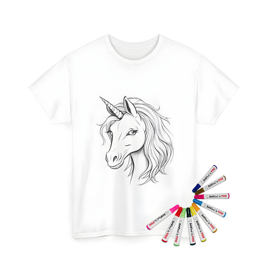 Unisex T-shirt featuring a unicorn design for coloring with fabric markers