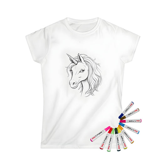 Detailed line art portrait of a unicorn on a women's t-shirt