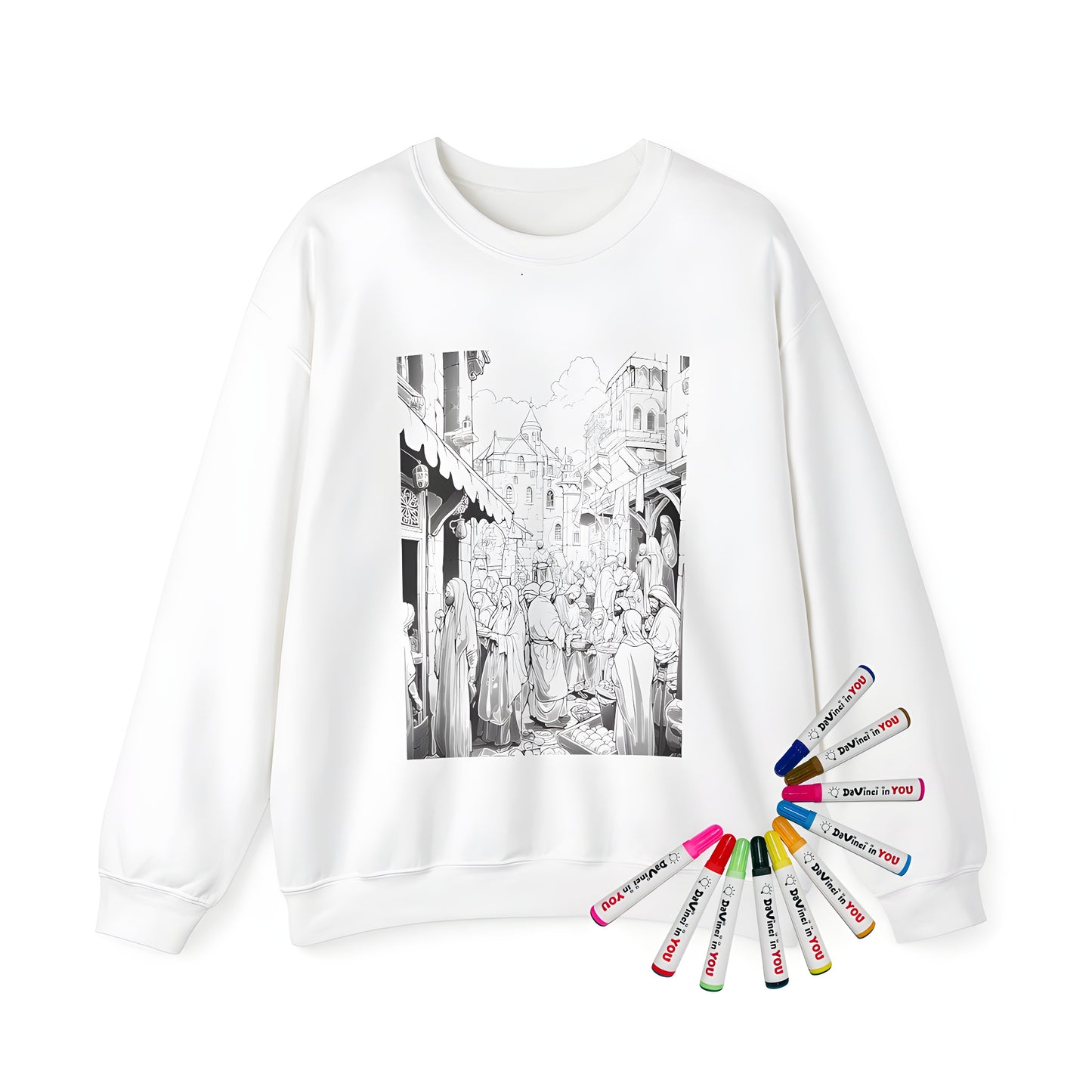 Adult sweatshirt with vibrant coloring page design of a bustling historical town scene