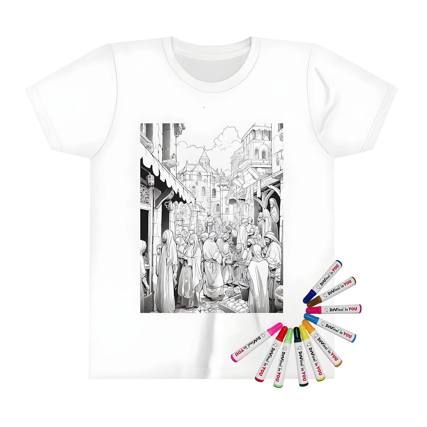 Kid's coloring t-shirt featuring a vintage black and white illustration of a bustling historical town square, including old buildings and many colorful people (alt text optimized for search engines)