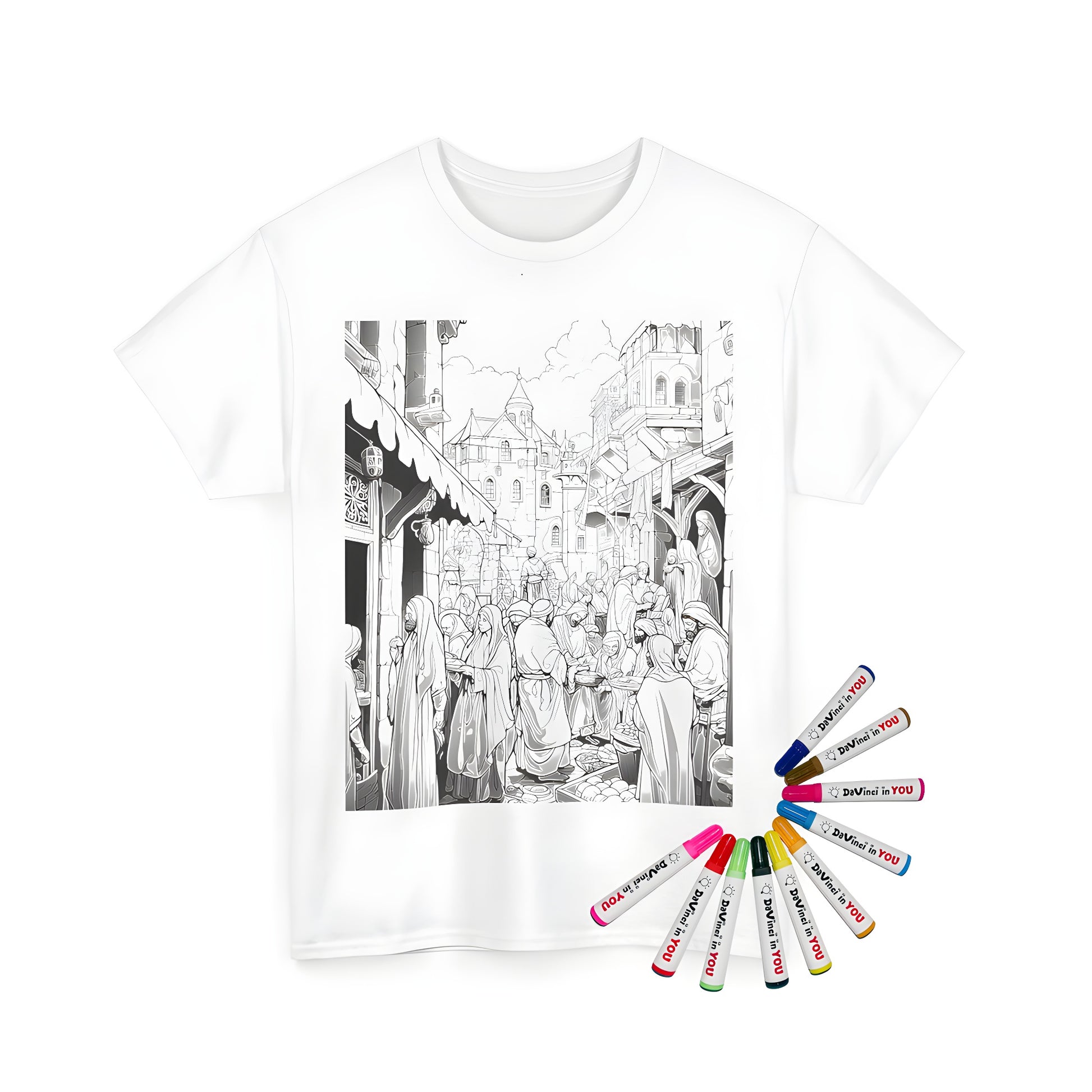 Unisex T-shirt featuring an artistic illustration of a lively marketplace scene, perfect for coloring. Includes 10 vibrant fabric markers.