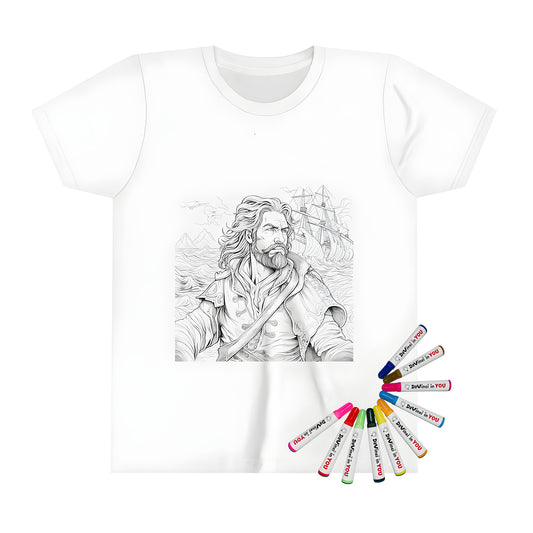 Kids t-shirt with pirate captain coloring page design, featuring a confident pirate captain with beard