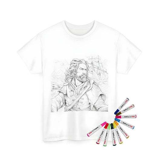 Unisex t-shirt with pirate captain and ship design, ideal for fans of sailing and adventure