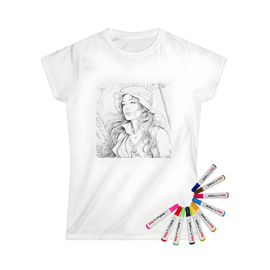 Women's graphic t-shirt with a detailed drawing of a pirate woman on a boat