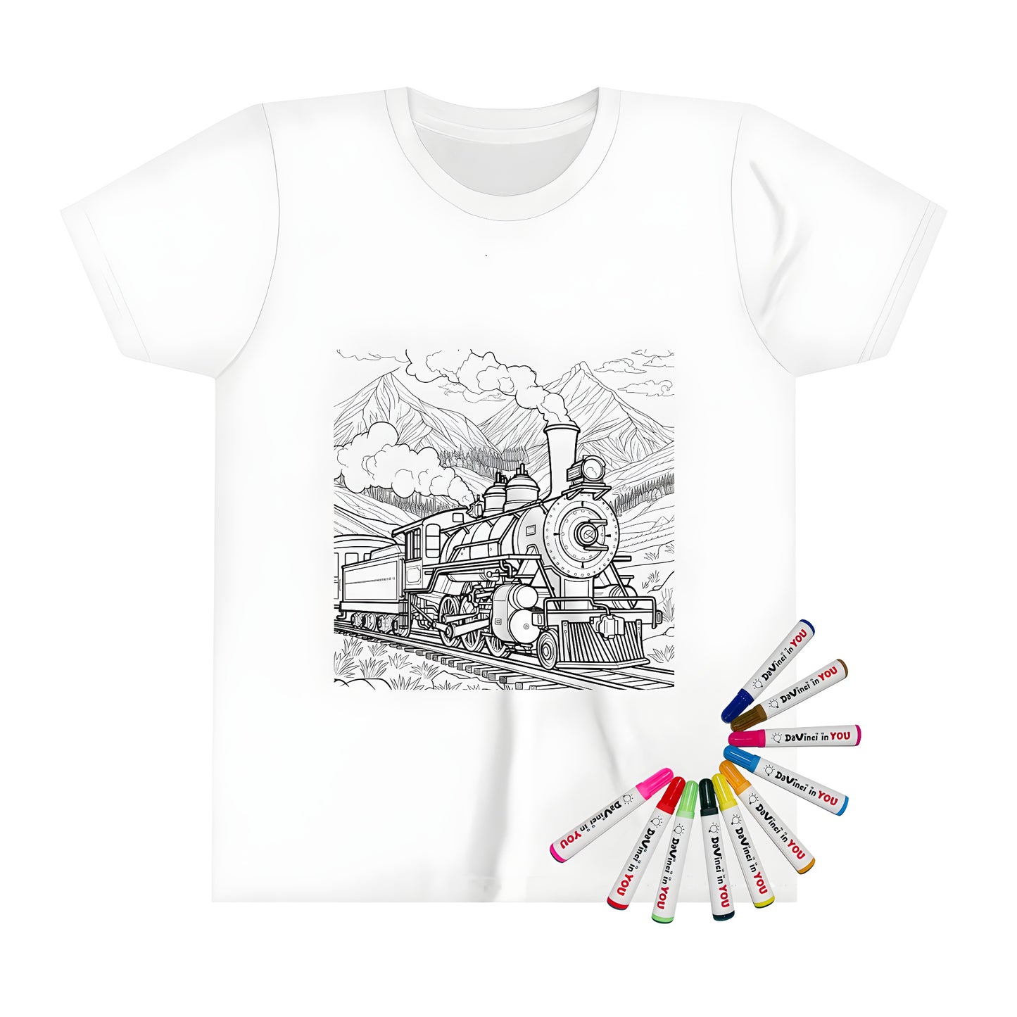 Kids' t-shirt featuring a coloring page style black-and-white steam train locomotive on track in nature scenery