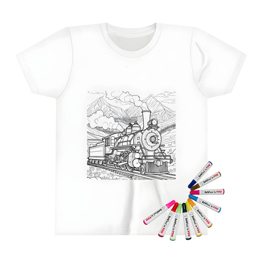 Kids' t-shirt featuring a coloring page style black-and-white steam train locomotive on track in nature scenery