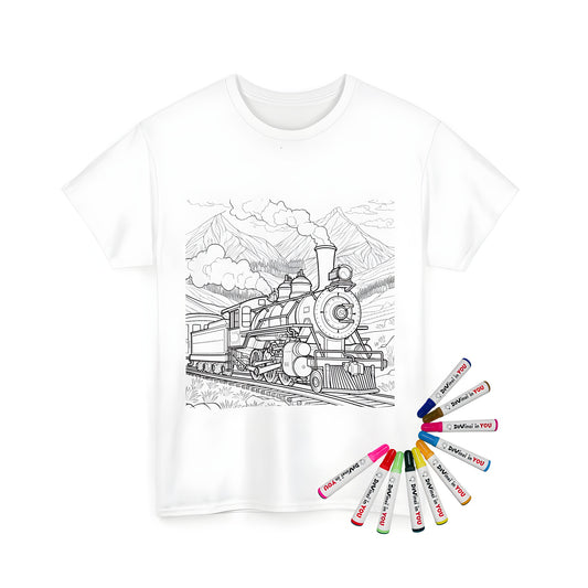 Unisex t-shirt featuring a black-and-white steam train illustration chugging along railroad tracks amidst mountains and natural scenery.