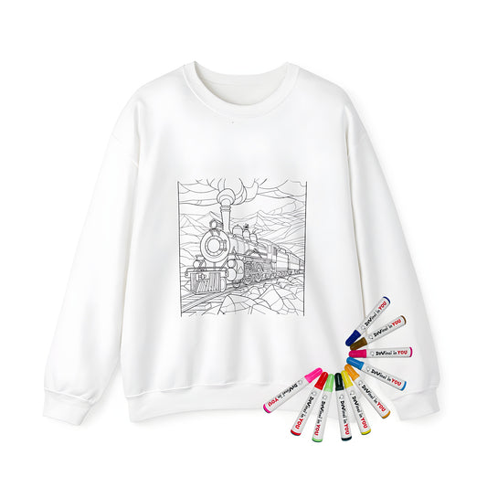 Adult sweatshirt with steam engine train illustration, locomotive artwork on casual wear