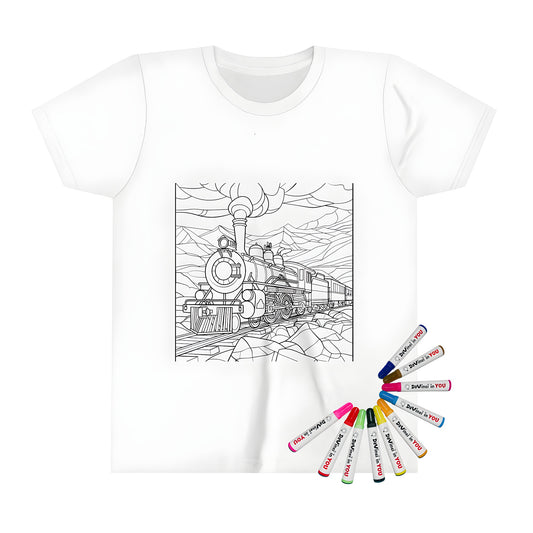 Kid's t-shirt featuring colorful train design, locomotive artwork, and fun wheel graphics