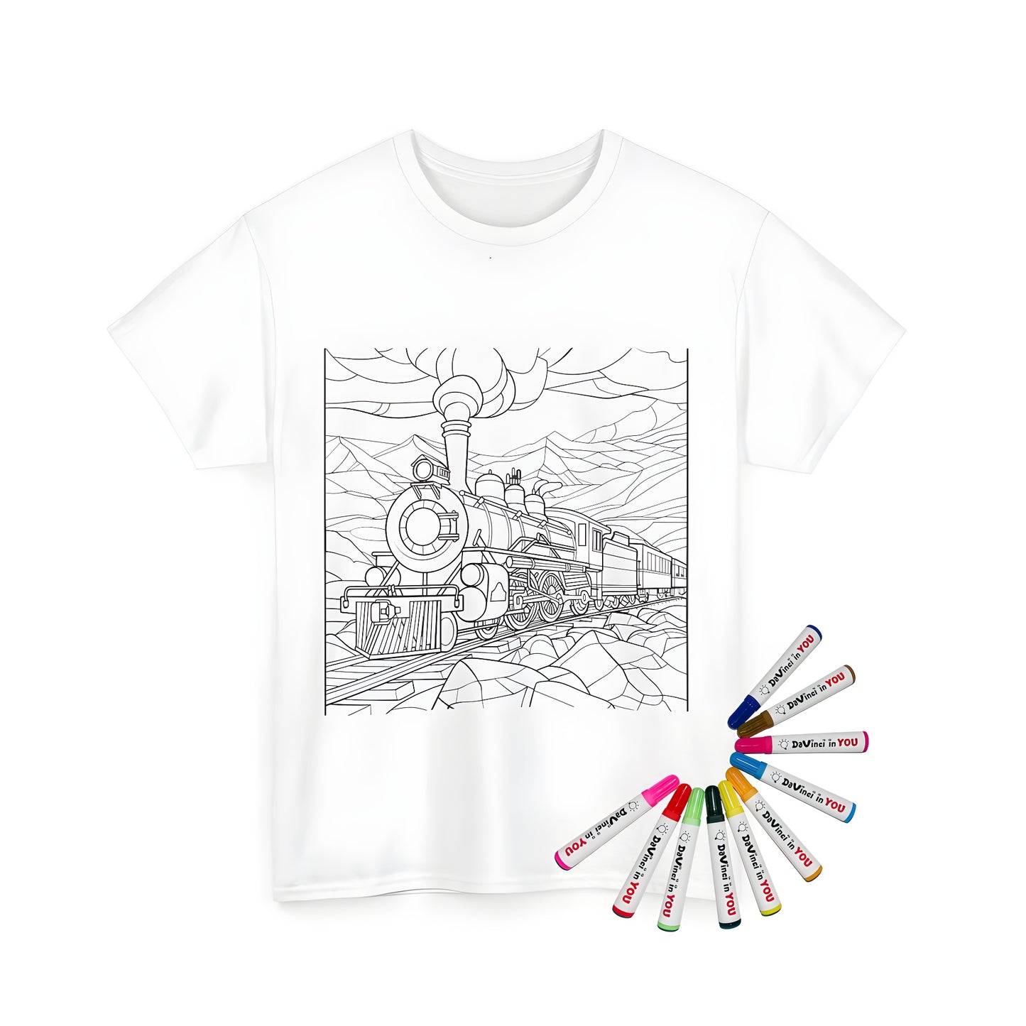 Colorful steam train t-shirt illustration of locomotive with big wheels and smoke, set against mountains