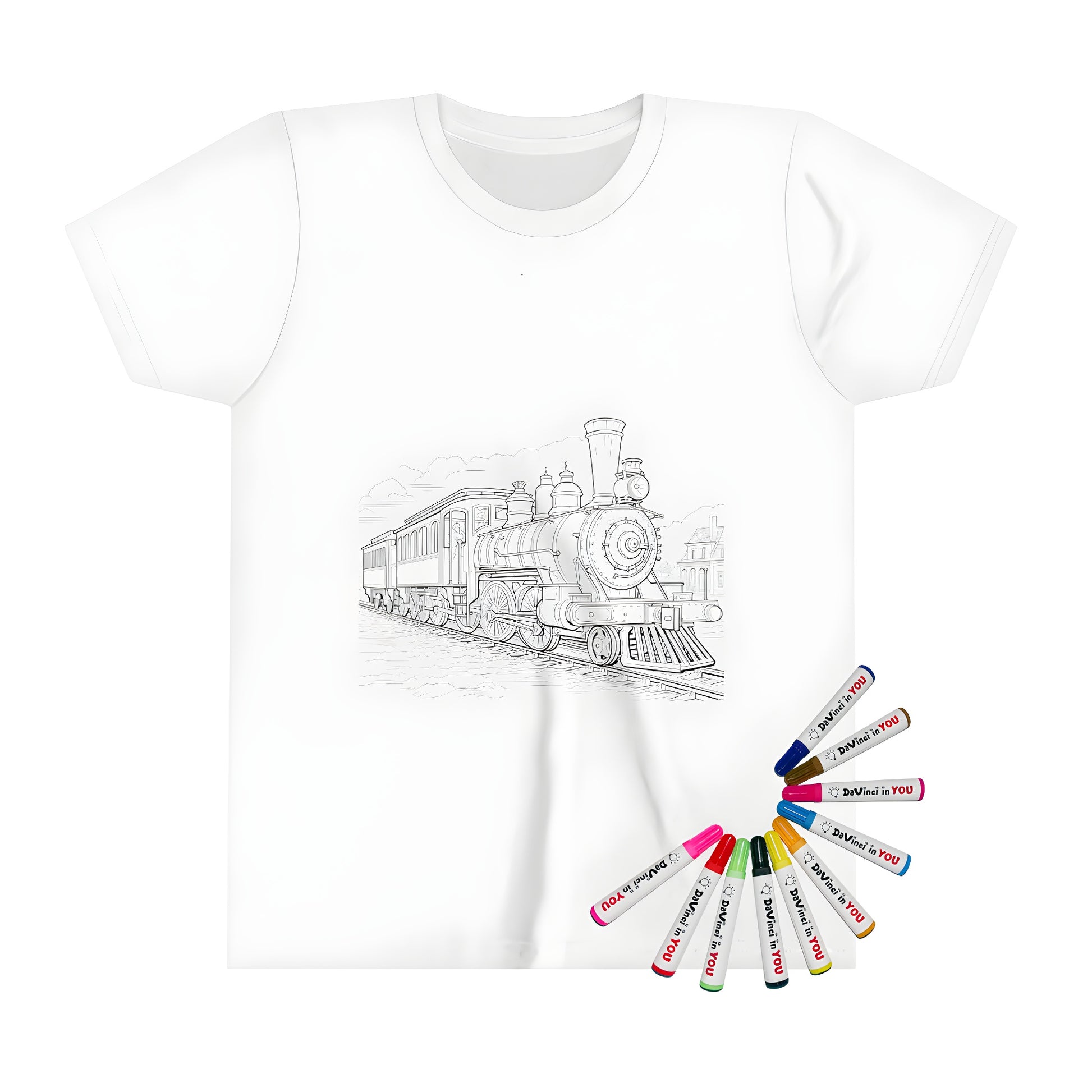 Kid's T-shirt with detailed coloring page design of vintage steam train and carriages