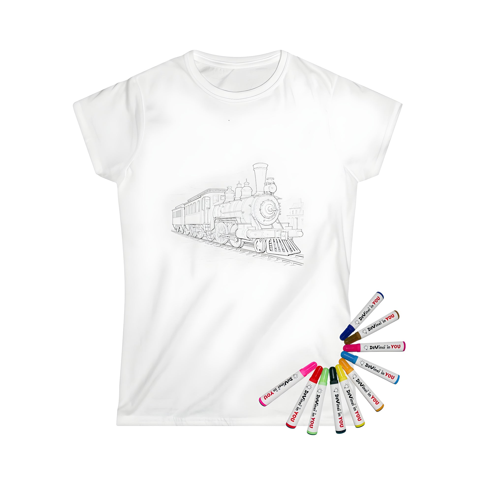 Detailed black and white coloring page train design on women's t-shirt