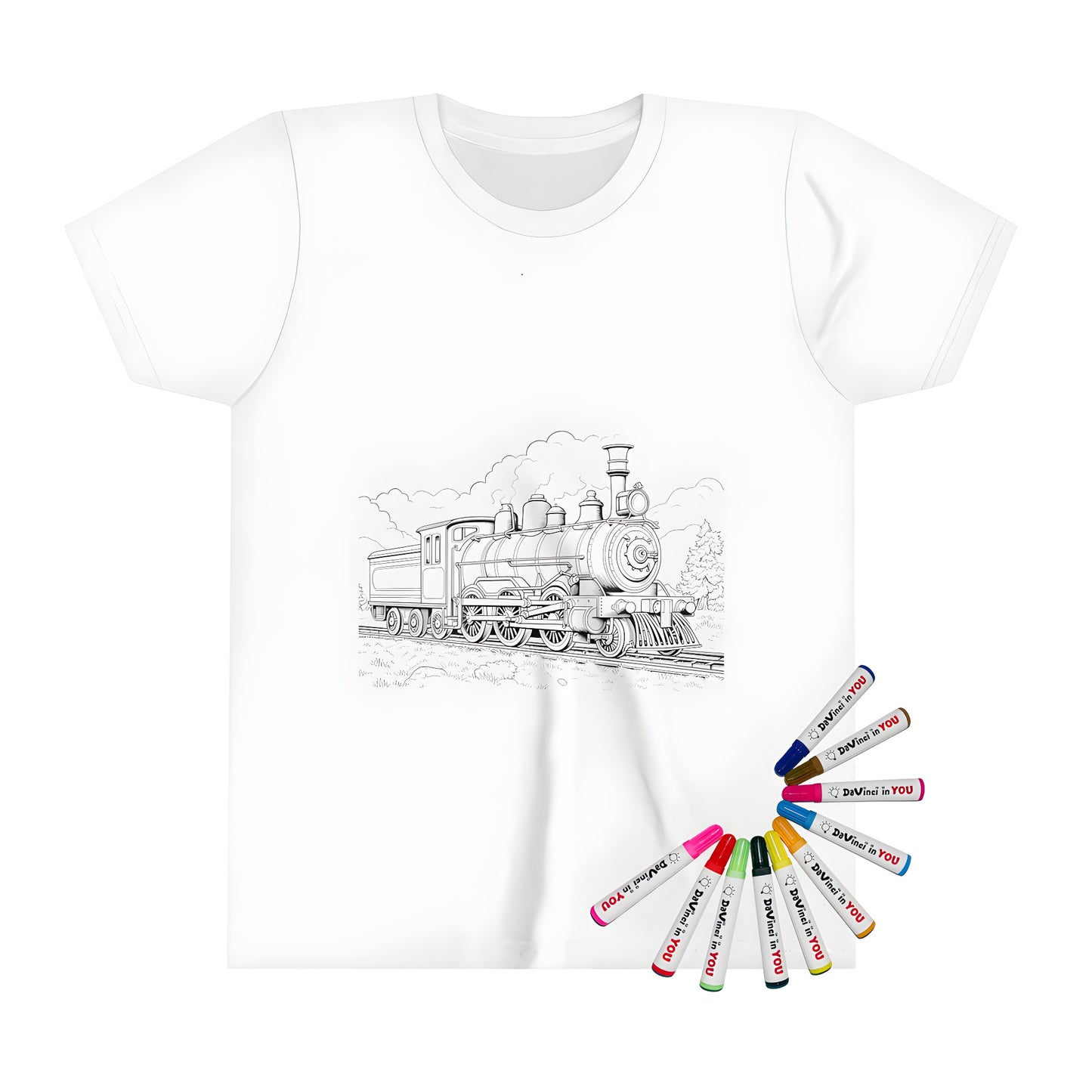 Coloring kit kid's t-shirt with steam train locomotive print and railroad track design on front