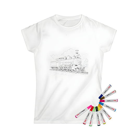 Women's steam train t-shirt featuring a black and white locomotive on railroad tracks against a scenic background