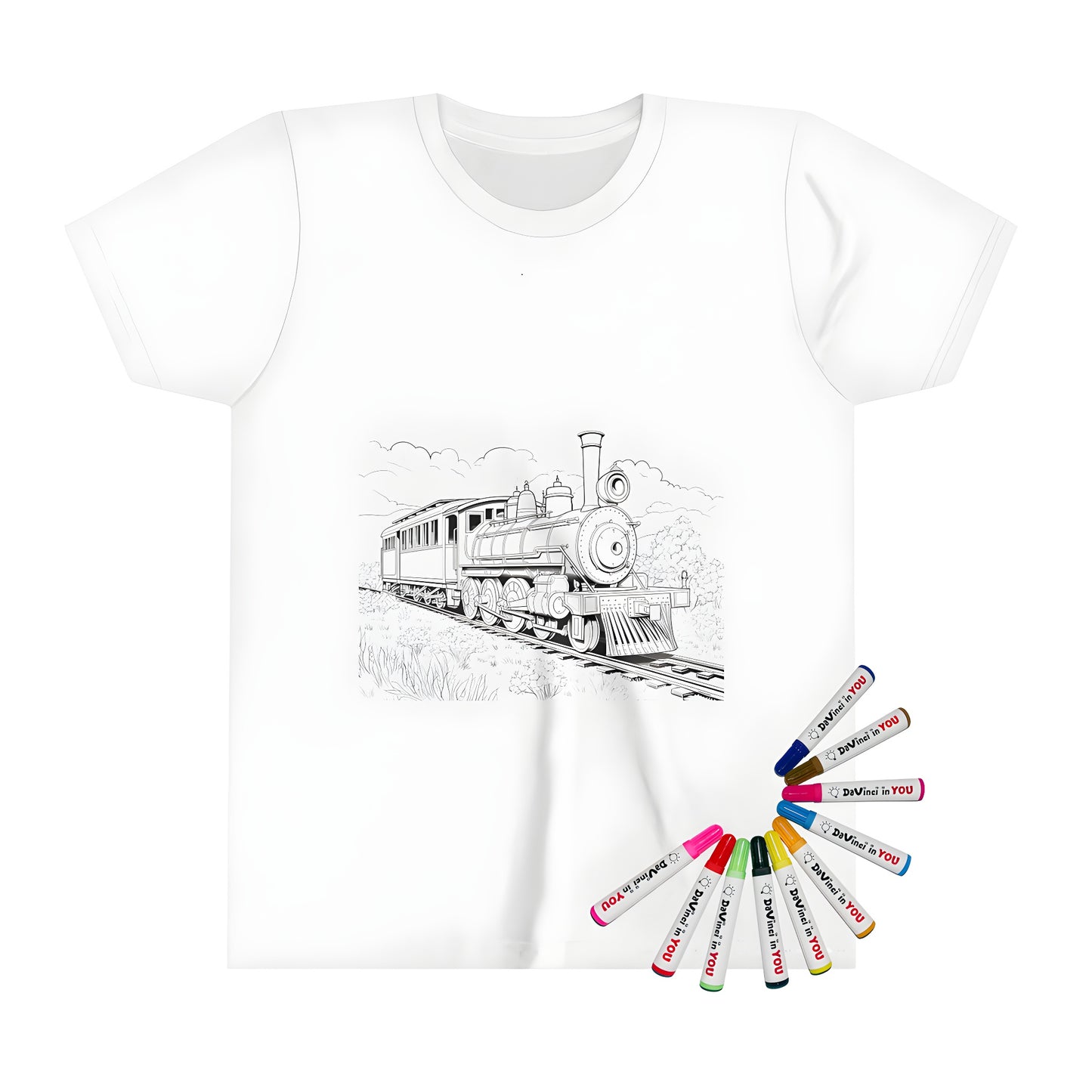 Steam train, locomotive, and carriage on tracks with scenery illustration on kid's t-shirt