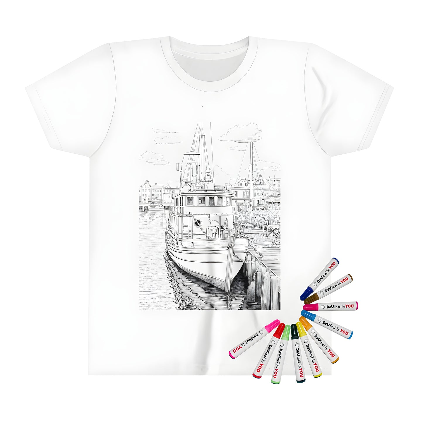 Coloring kit kids t-shirt with detailed fishing boat dock illustration