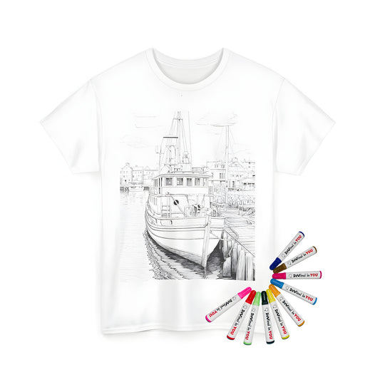 Coloring kit on unisex t-shirt with line drawing of fishing vessel moored at harbor dock