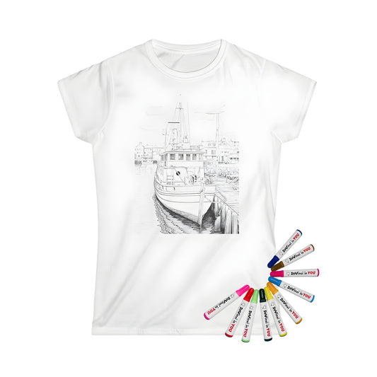 A colorful Women's T-shirt featuring a detailed illustration of a boat moored at a dock in a coastal town's harbor, surrounded by scenic beach and ocean views.