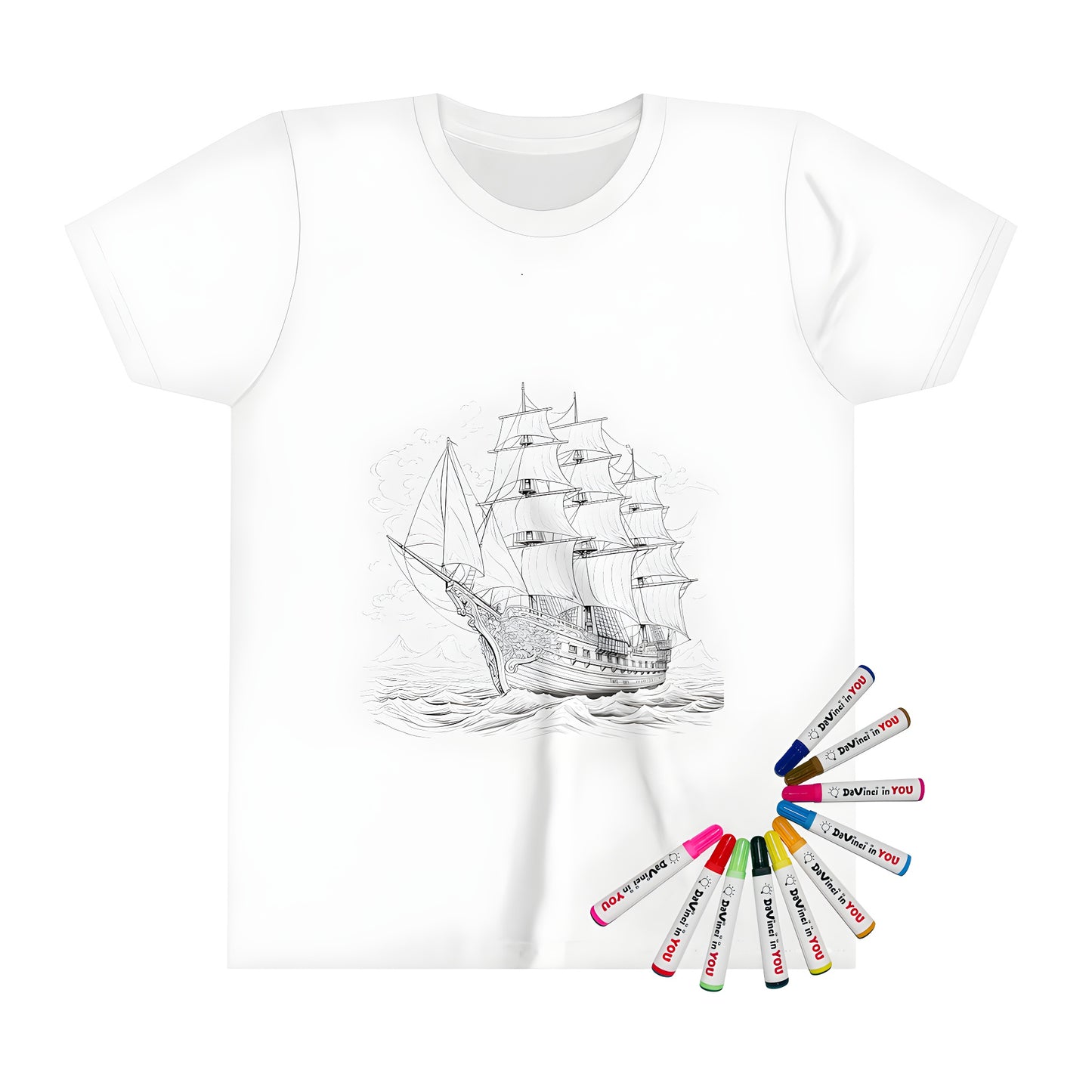 Colorful Kid's T-shirt featuring an illustration of a historic sailing vessel