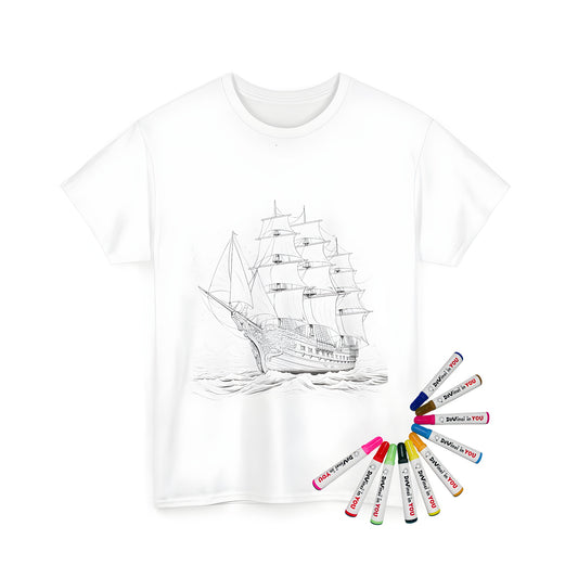 A detailed black-and-white drawing of a historic sailing vessel navigating through ocean waves with mountains in the background printed on a high-quality Unisex T-shirt