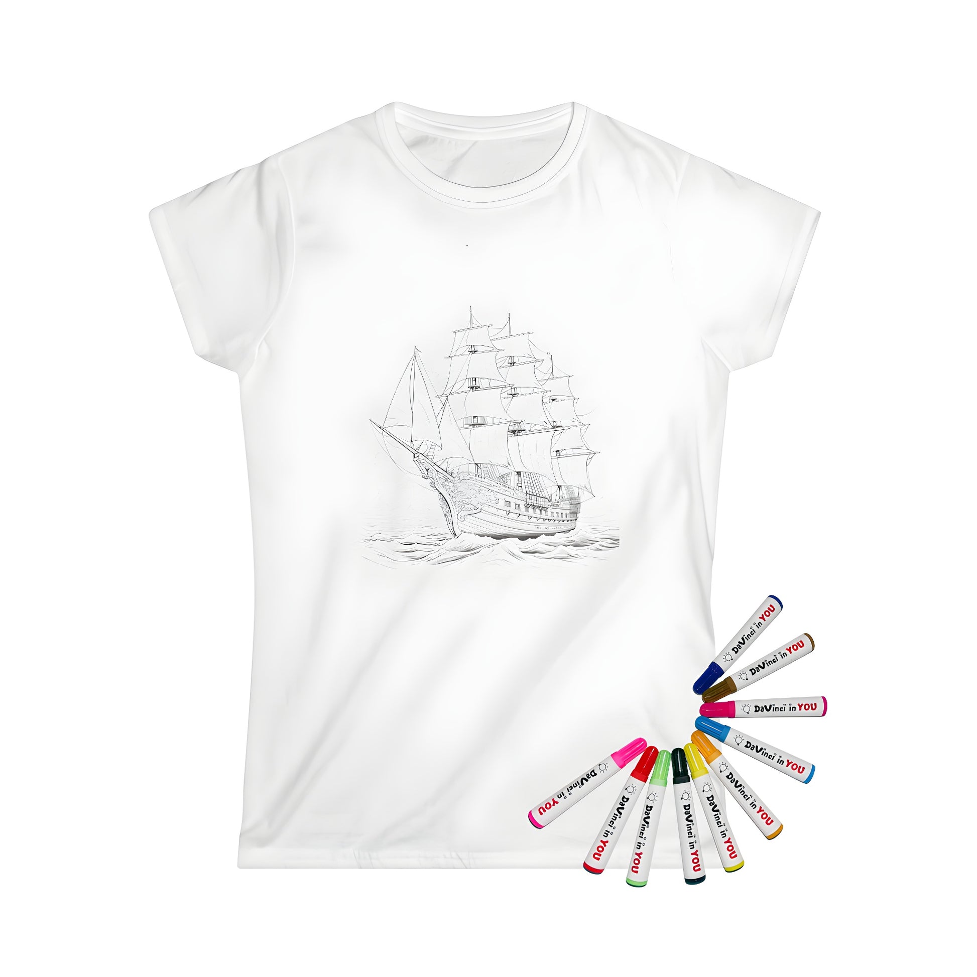 A beautiful historic boat navigation image printed on a comfortable Women's T-shirt. Features vibrant ocean waves and majestic mountains in the background.