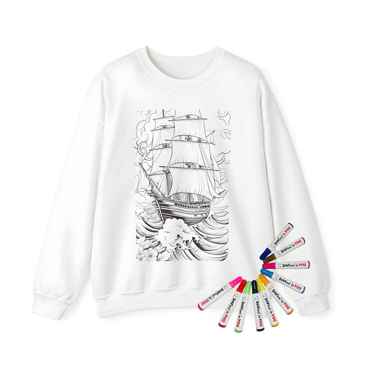 Adult sweatshirt with an intricately drawn sailing vessel navigating rough waves design