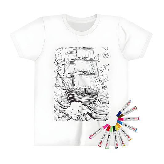 Kid's T-shirt featuring an intricately drawn sailing vessel navigating rough waves, surrounded by decorative flowers and swirling clouds. Perfect for little ones who love the sea!