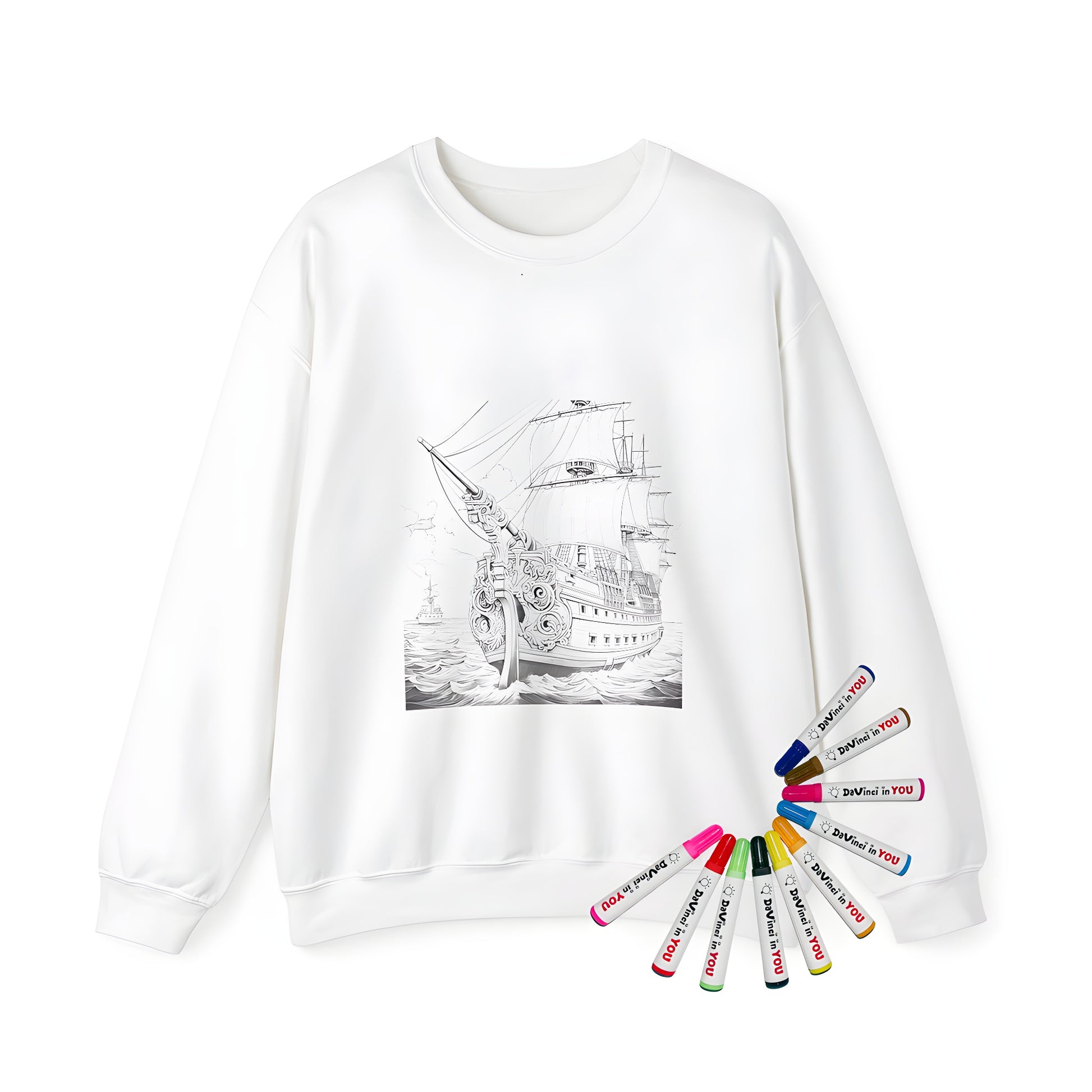 Adult sweatshirt with vibrant sailing ships design and intricate details