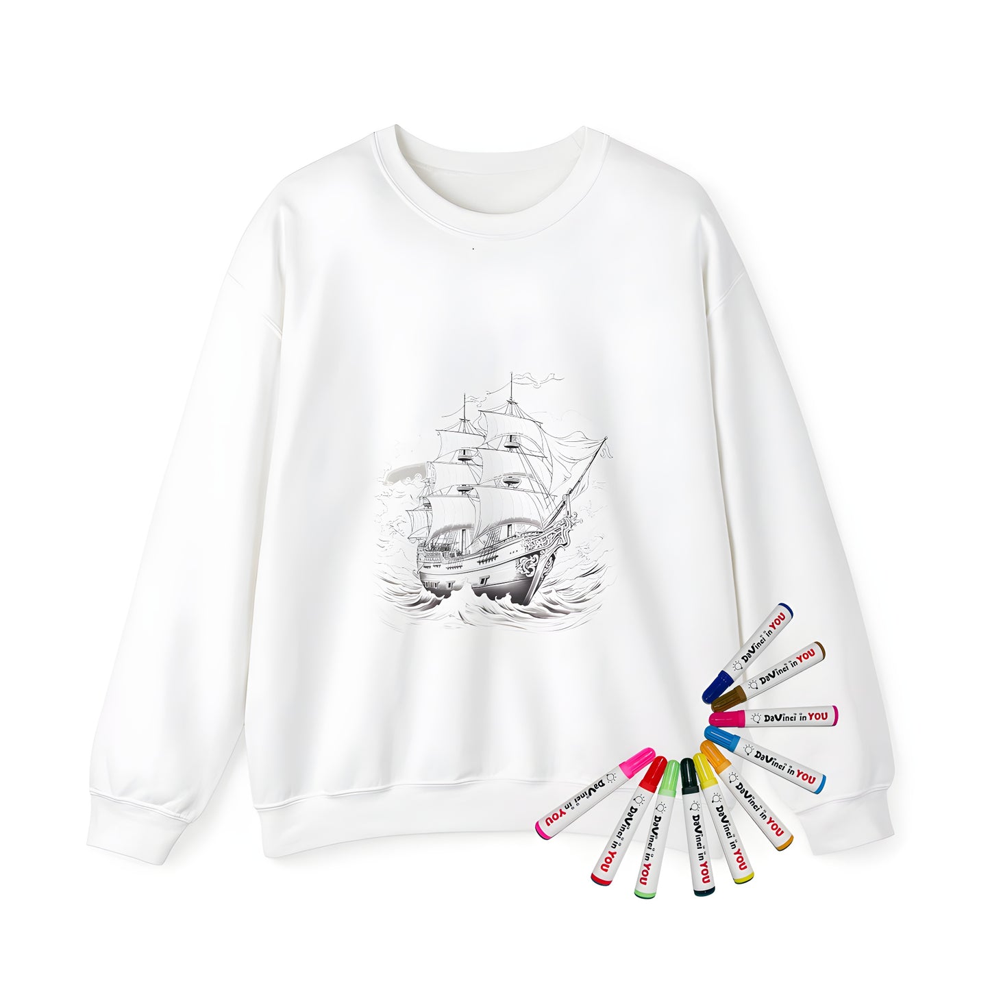 Adult sweatshirt featuring intricate black and white drawing of pirate ship, sailboat, or vessel sailing through stormy waters on the ocean with turbulent waves