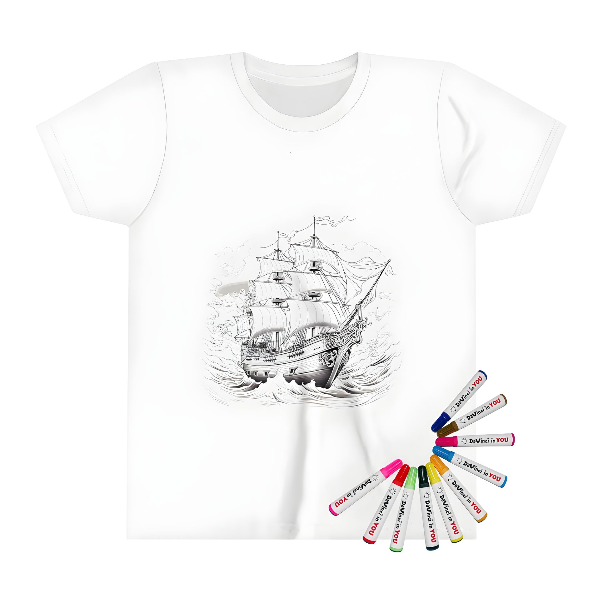 Intricate pirate vessel sailing in turbulent ocean waters on kid's t-shirt