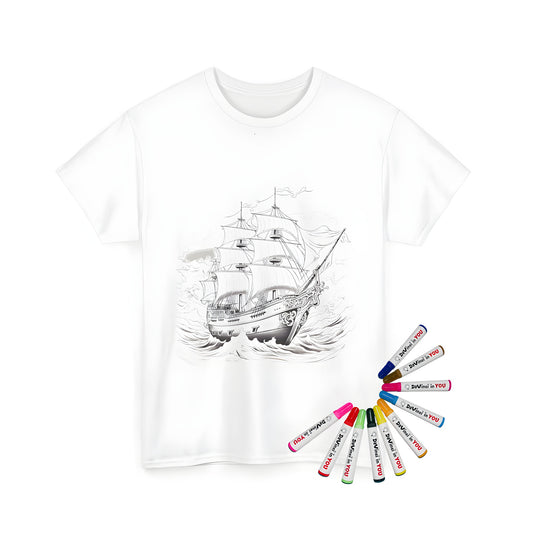 Unisex T-shirt featuring an intricate black and white drawing of a pirate ship, galleon, sailing vessel or naval ship navigating turbulent waves in the ocean