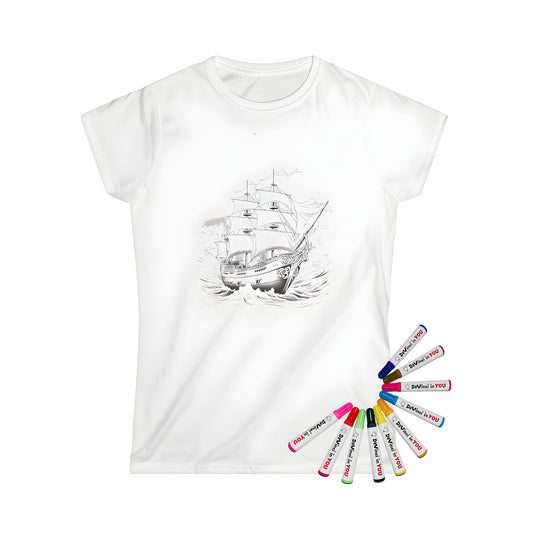 Women's t-shirt featuring an intricate black and white drawing of a pirate vessel or galleon with large sails navigating turbulent ocean waves